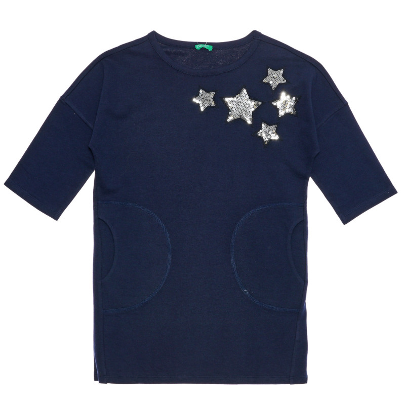 Памучна рокля с апликация на пайети звезди, тъмно синя  238437