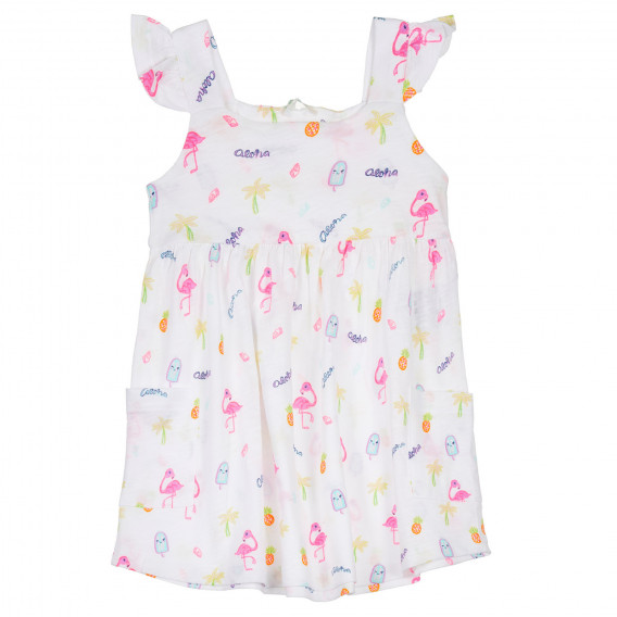 Памучна рокля с принт на фламинго и къдрички за бебе, бяла Benetton 238463 
