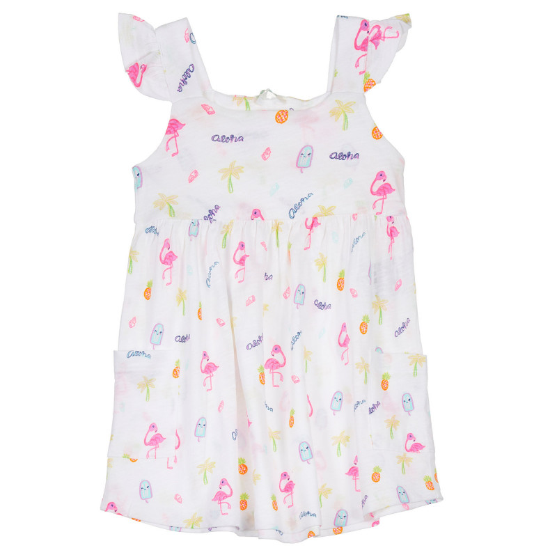Памучна рокля с принт на фламинго и къдрички за бебе, бяла  238463