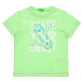 Памучна тениска с надпис за бебе, светло зелена Benetton 238628 