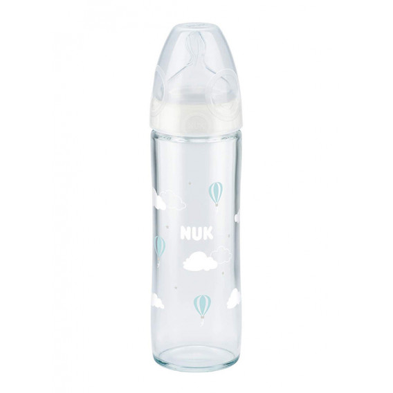 Стъклено шише за хранене New Classic, с анатомичен биберон M, 0-6 месеца, 240 мл, цвят: бял с балончета NUK 238833 