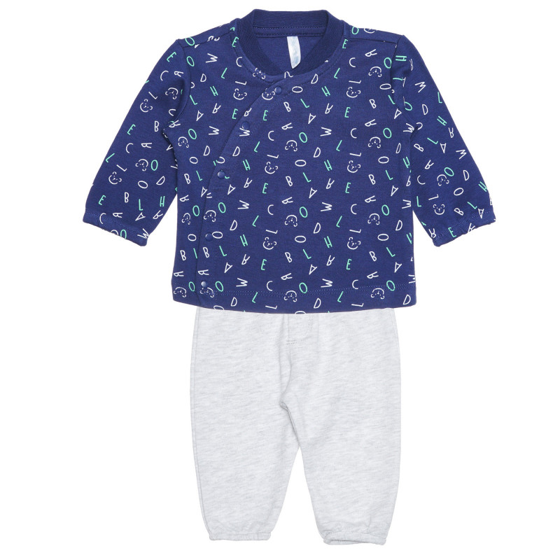 Памучен комплект блуза и панталон за бебе в синьо и сиво  239488