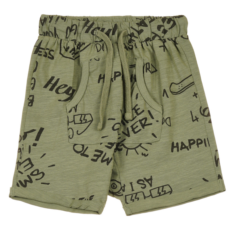 Памучен къс спортен панталон с графичен принт, тъмно зелен  239650