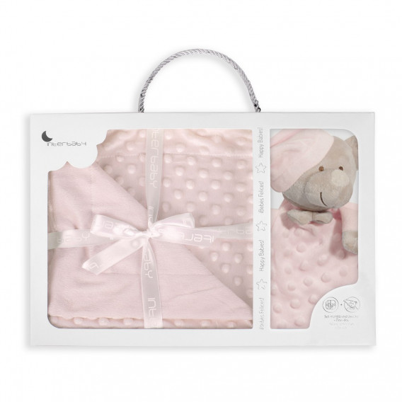 Бебешко одеяло 80 х 100 см в комплект с мека кърпа за гушкане 28 х 17 см Мече, розово Inter Baby 240595 2