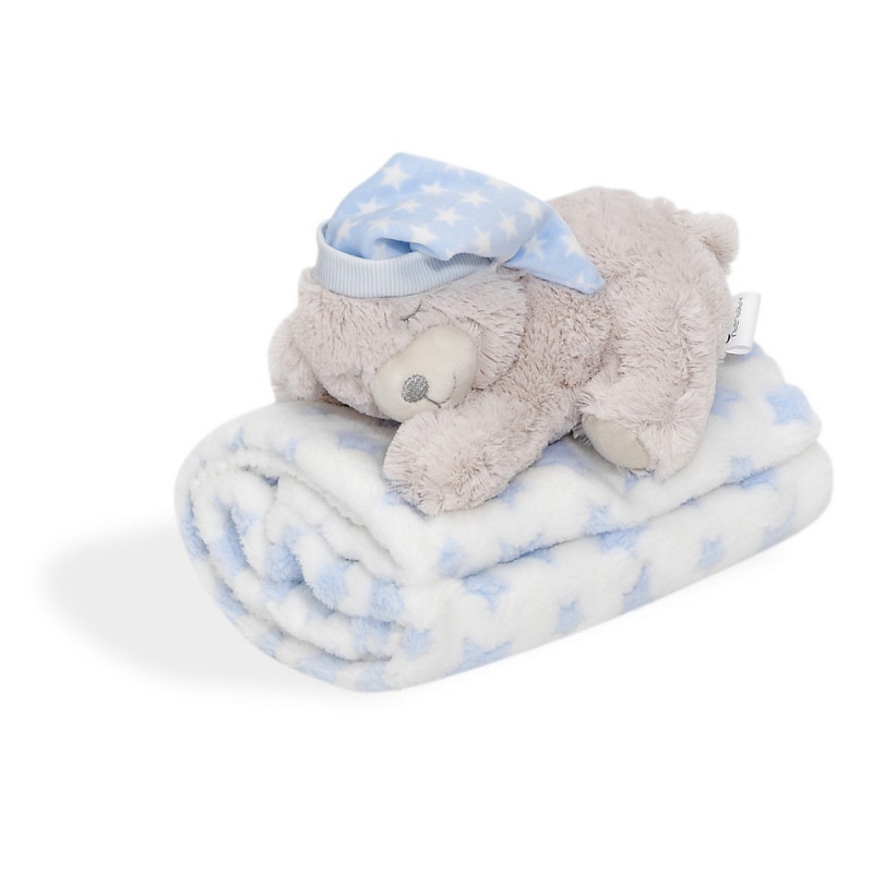 Бебешко одеяло 80 х 100 см в комплект с плюшена играчка Мече, синьо  240599