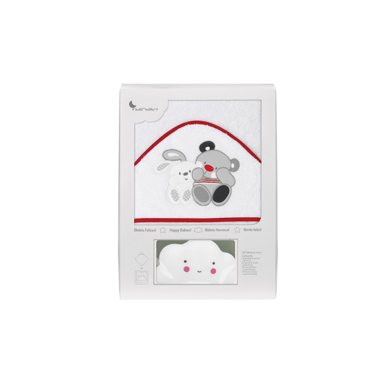 Бебешка хавлия за баня AMIGOS в комплект с лампа Облаче, 100 х 100 см, бяло и червено  240683