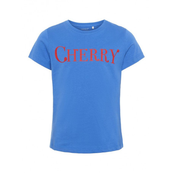 Памучна блуза с къс ръкав и червен надпис CHERRY, синя Name it 240811 