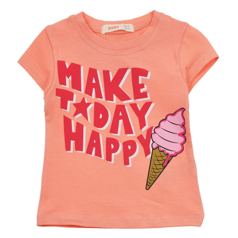 Тениска с щампа на сладолед и надписи, оранжева  240891