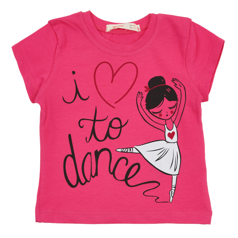 Тениска с щампа на балерина и надписи, розова  240911
