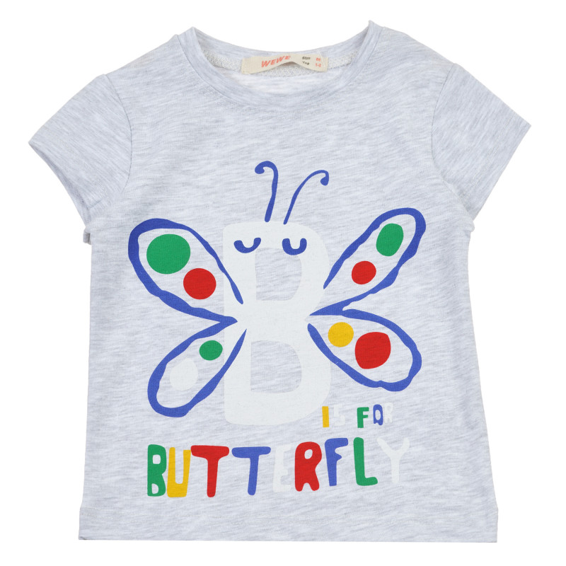 Тениска с щампа на пеперуда и надпис Butterfly , сива  240919
