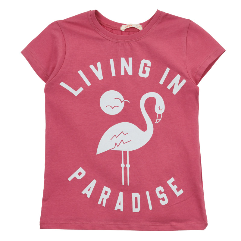 Тениска с щампа на фламинго и надпис, розова  240962