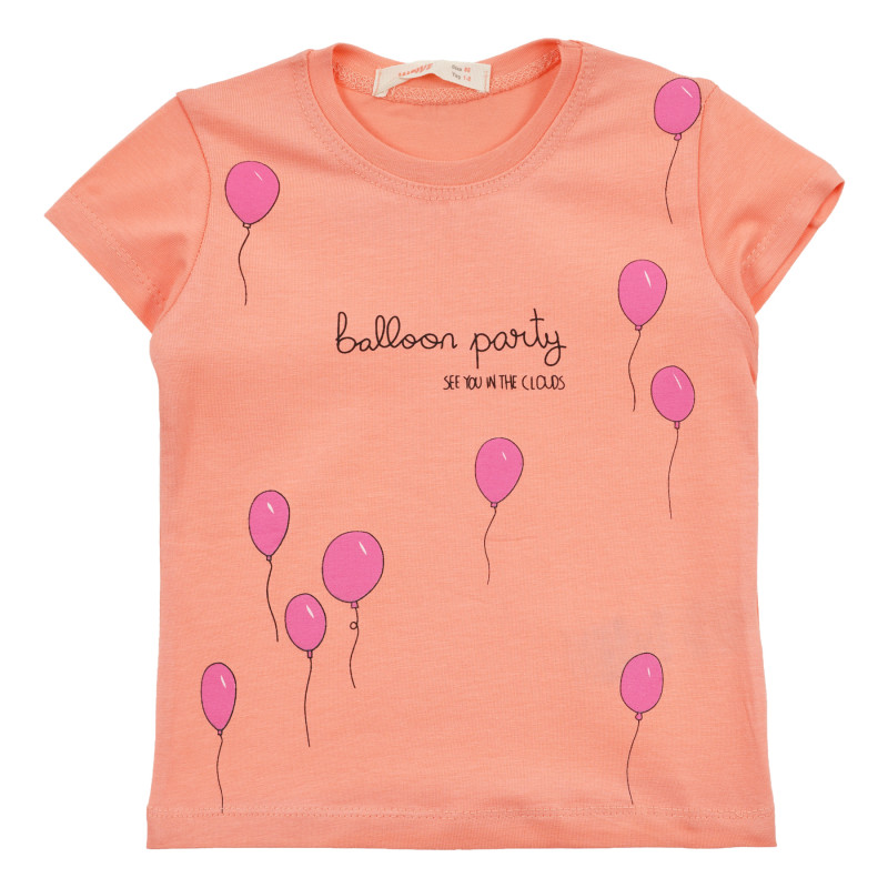 Тениска с щампа на балони и надпис Balloon party, оранжева  240966