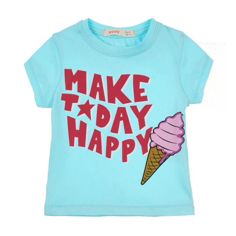 Тениска с щампа на сладолед и надписи, светло синя  241048