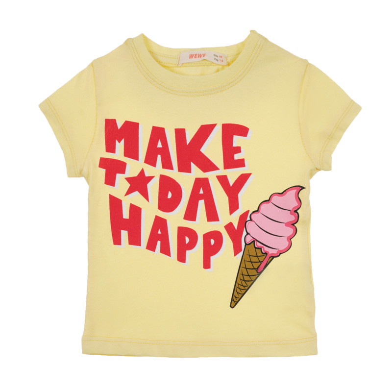 Тениска с щампа на сладолед и надписи, жълта  241056