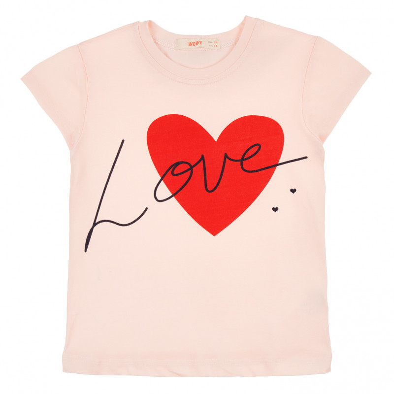 Тениска с щампа на сърце и надпис Love, розова  241112