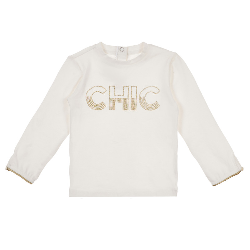 Памучна блуза с дълъг ръкав и надпис "Chic" за момиче екрю  241458