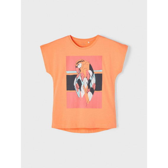 Тениска от органичен памук с щампа на папагал, оранжева Name it 242387 