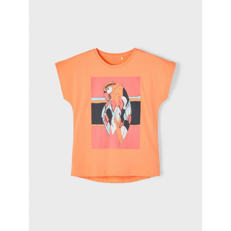 Тениска от органичен памук с щампа на папагал, оранжева  242387