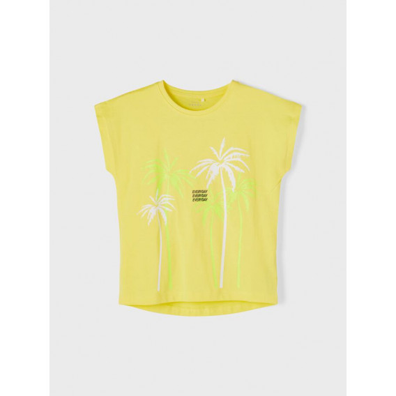 Тениска от органичен памук с щампа на палми, жълта Name it 242390 