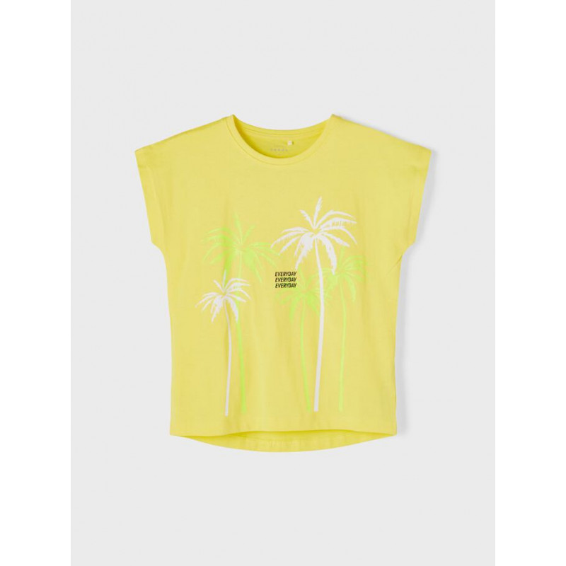 Тениска от органичен памук с щампа на палми, жълта  242390