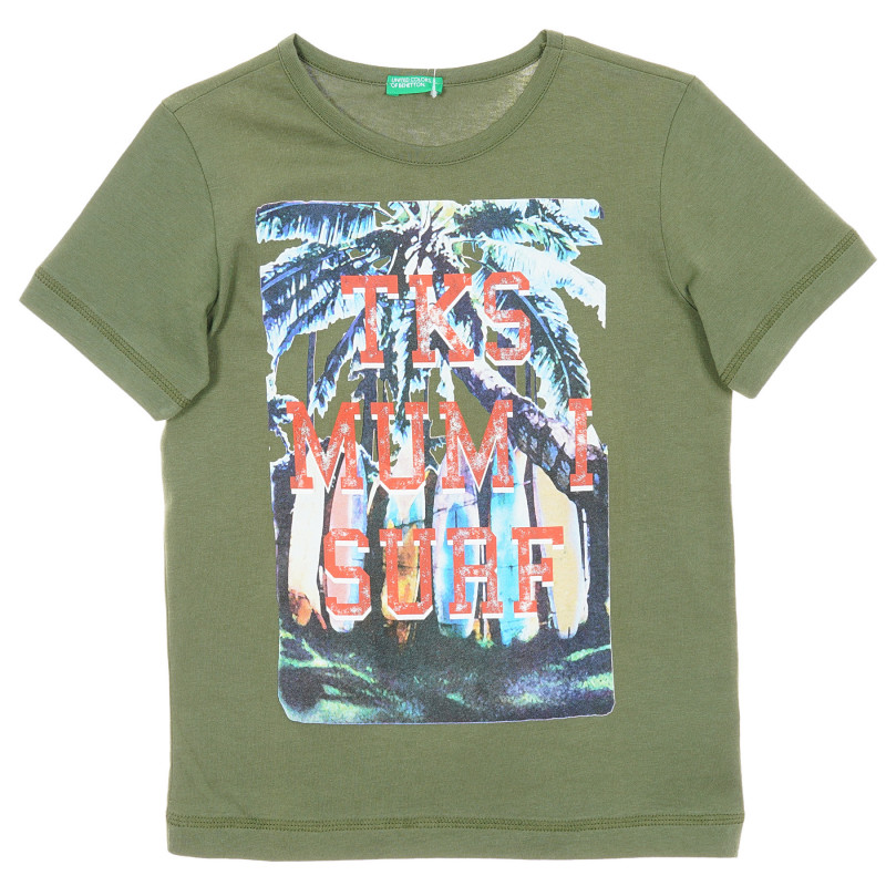 Памучна тениска с принт на палми, зелена  242735