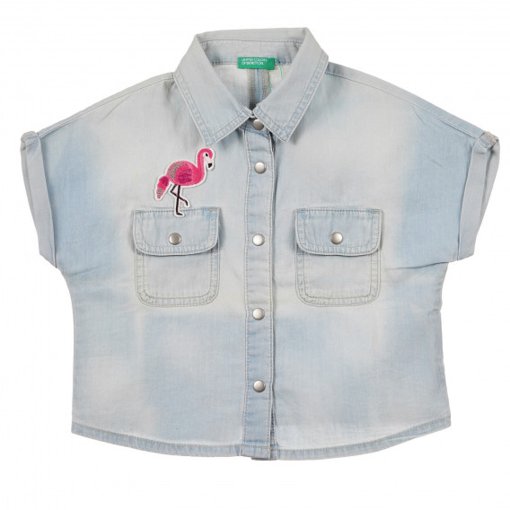 Дънкова риза с къс ръкав и апликация на фламинго, светло синя Benetton 243118 