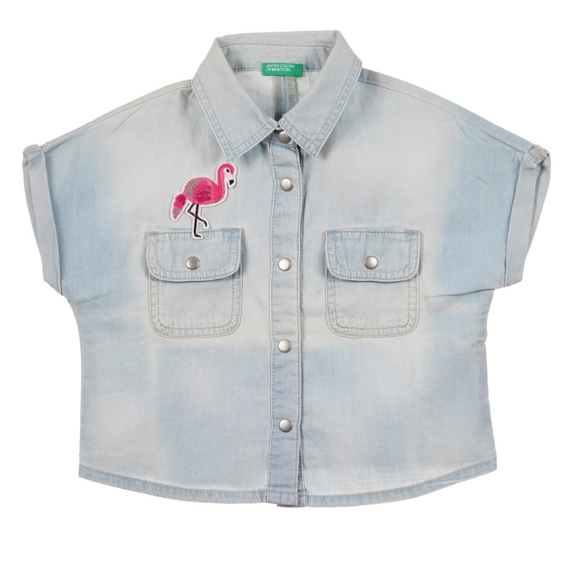 Дънкова риза с къс ръкав и апликация на фламинго, светло синя  243118