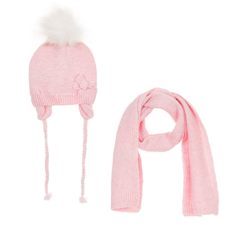 Памучен комплект шал и шапка с панделка за бебе, розов  245221