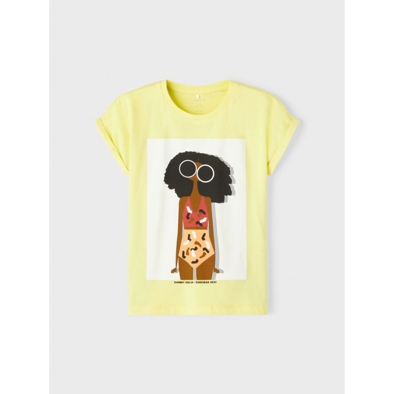 Тениска от органичен памук с щампа на момиче, жълта  247567