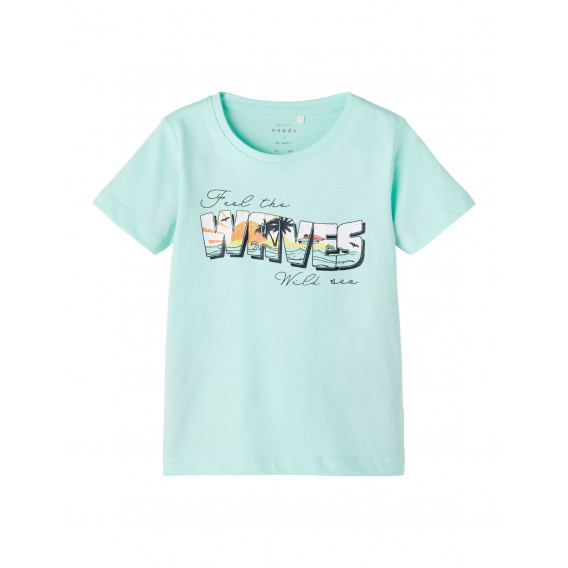 Тениска от органичен памук с плажна щампа, светло синя Name it 247580 