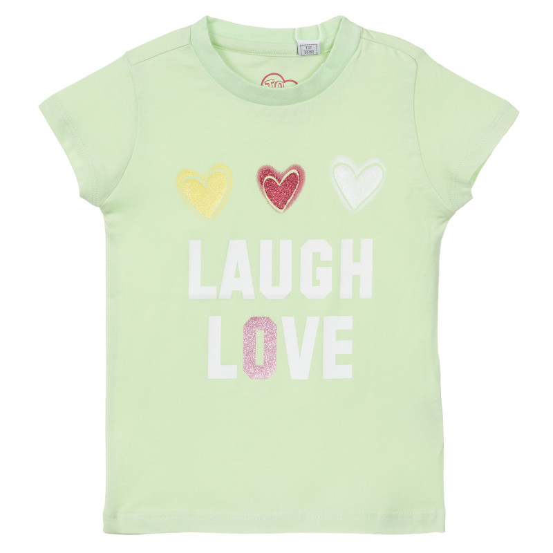 Памучна тениска с надпис и брокатени сърца, зелена  251527