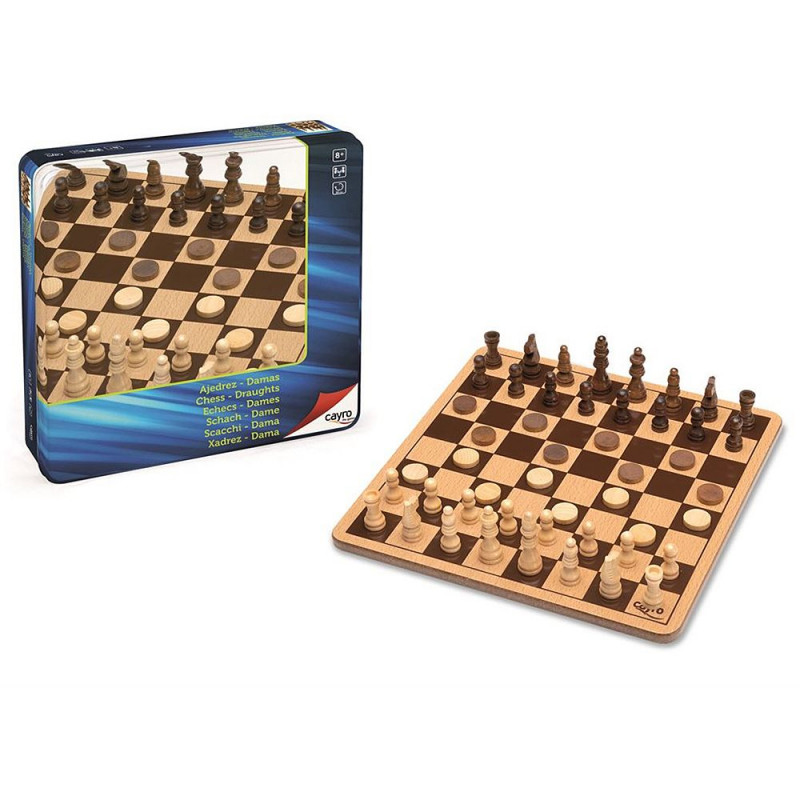 Настолна игра - Дървен Шах и дама, 2 в 1, в метална кутия  253093