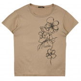 Памучна тениска с апликация на цветя, кафява Sisley 253592 