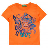 Памучна тениска с щампа на джунгла за бебе, оранжева Benetton 253693 