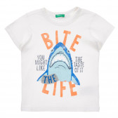 Памучна тениска с щампа на акула за бебе, бяла Benetton 253697 