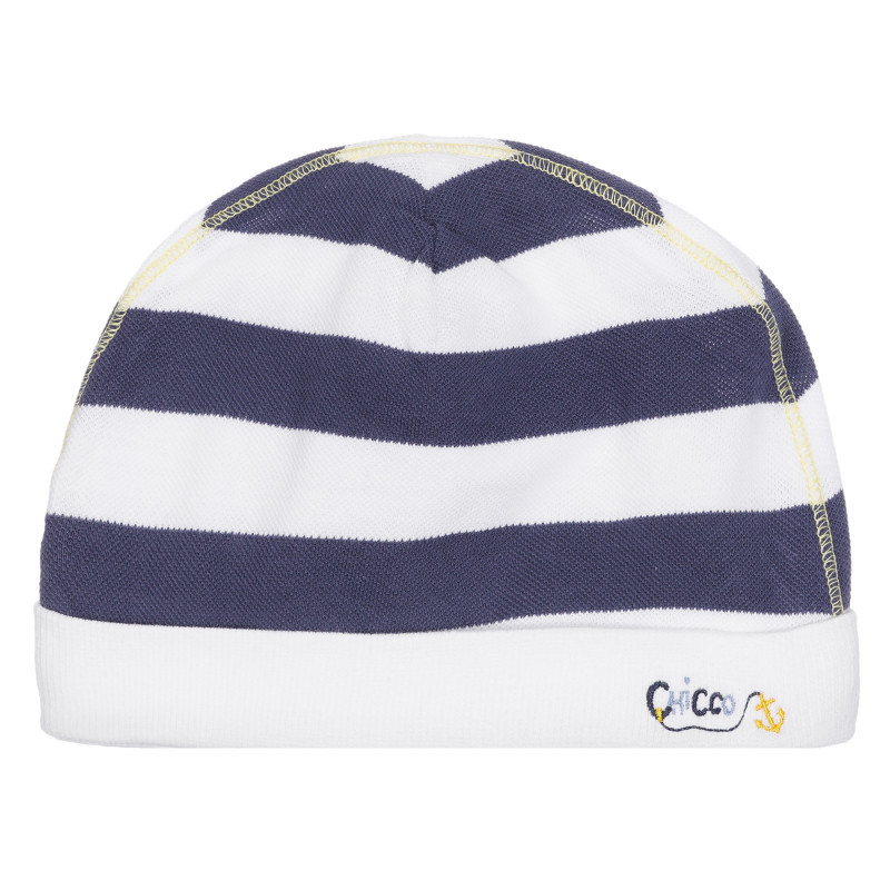 Памучна шапка в бяло и синьо райе с апликация за бебе  254668