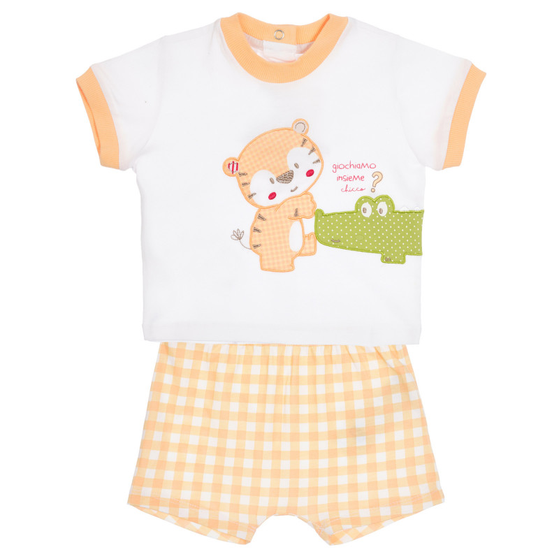 Памучен комплект тениска и къси панталонки за бебе в бяло и оранжево  255478