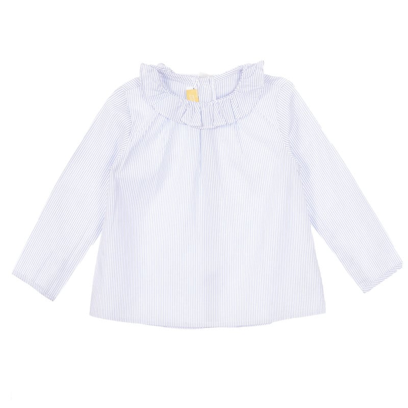 Памучна раирана блуза с къдрички в бяло и синьо  255543