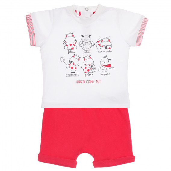 Памучен комплект тениска и къси панталонки за бебе в бяло и червено Chicco 255680 