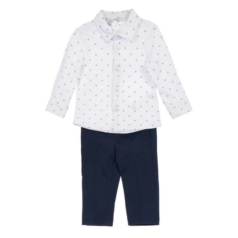 Памучен комплект риза с панталон за бебе в бяло и синьо  256011