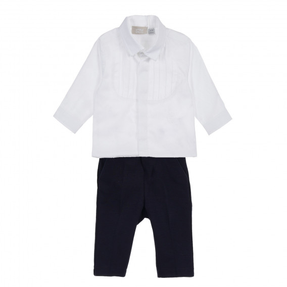 Памучен комплект риза и панталон за бебе в бяло и синьо Chicco 256029 