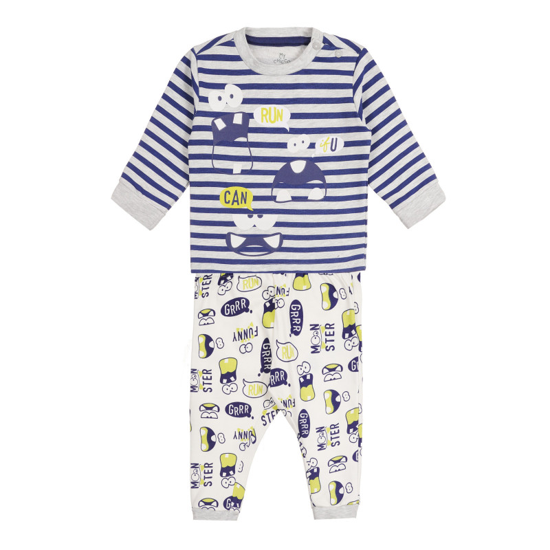 Памучна пижама с графичен принт за бебе в синьо и сиво  258517