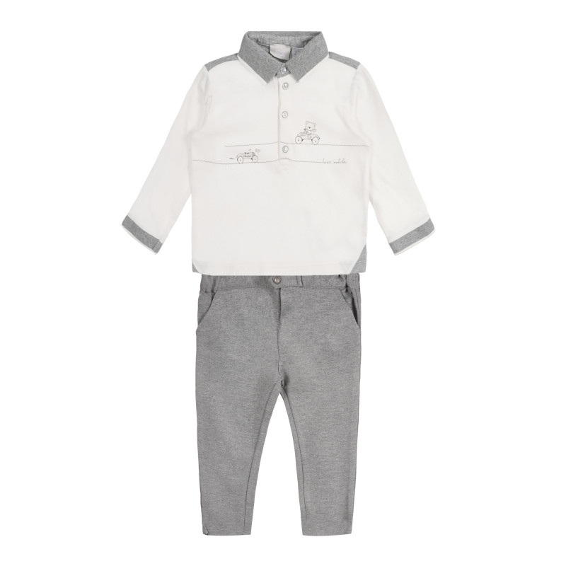 Памучен комплект блуза и панталон за бебе в бяло и сиво  258593