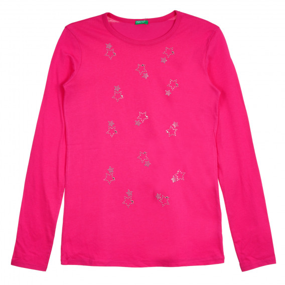 Памучна блуза с апликация от камъчета, розова Benetton 260605 