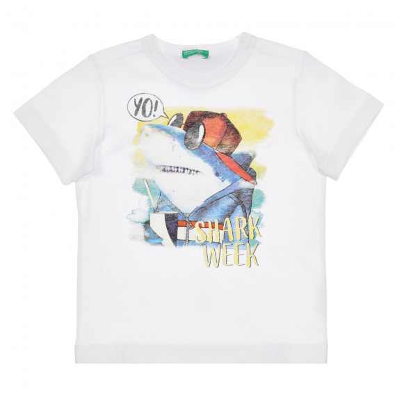 Памучна тениска с щампа Shark week за бебе, бяла Benetton 260613 