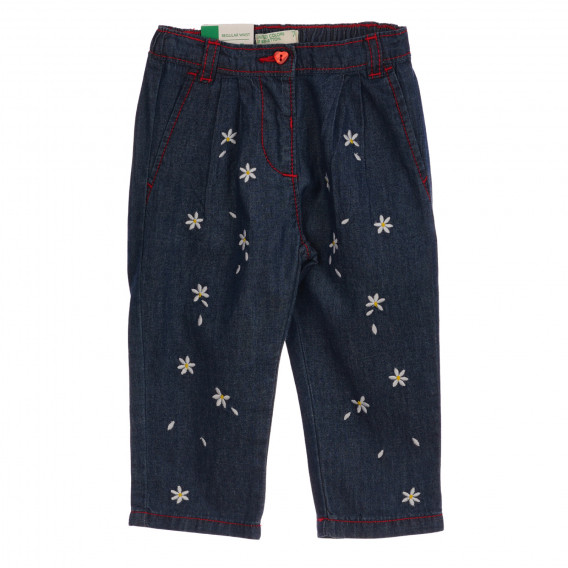 Памучен дънков панталон с апликация на цветя за бебе, син Benetton 260768 