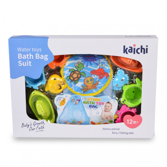 Комплект играчки за баня, формички и животни, с мрежа Kaichi 261715 