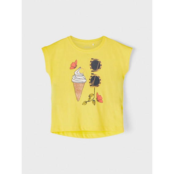 Тениска от органичен памук с щампа на сладолед и очила, жълта Name it 263088 