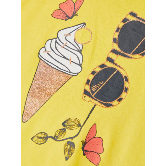 Тениска от органичен памук с щампа на сладолед и очила, жълта Name it 263089 2