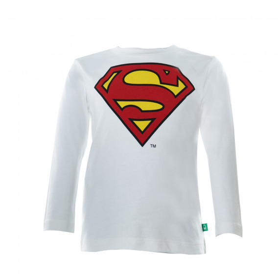 Памучна блуза с дълъг ръкав и щампа на Supermen за бебе момче, бяла Benetton 26449 